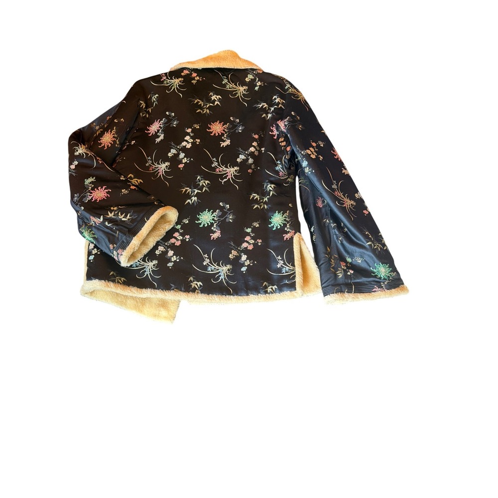 Vintage Jacket Black Floral Satin Faux Shearling Lined Embroidered Chinoiserie - Picture 5 of 5